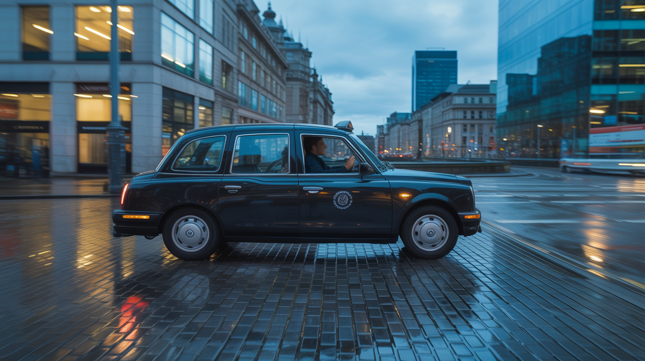 Black taxi driving through Belfast city at dusk